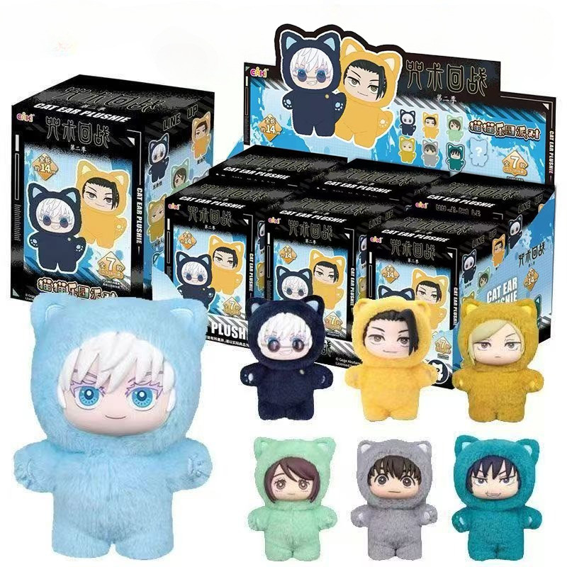 6 ชิ้นกล่องตาบอด Jujutsu Kaisen หูแมว Plushie Satoru Gojo Action Figure Eto Suguru Nanami Kento ตุ๊กตาตุ๊กตาจี้เครื่องประดับคอลเลกชันของเล่น