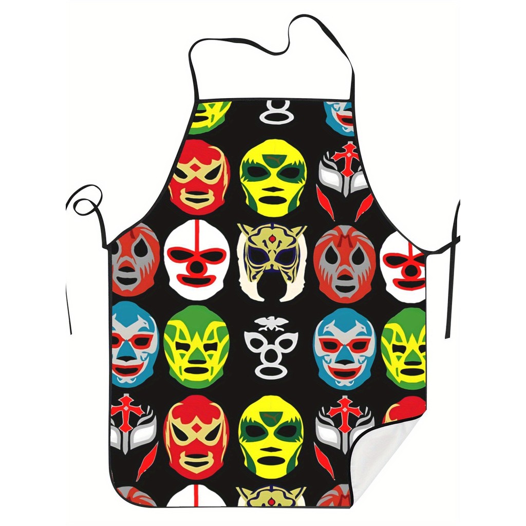 Bhudu Mexican Wrestling Mask Apron-Retro Style ผ้ากันเปื้อนช่างทําผมครัว Unisex, การออกแบบการพิมพ์สด