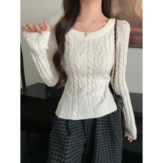 Moses Queen เสื้อถักไหล่เฉียงสไตล์เกาหลีลายเกลียววินเทจ โชว์ไหล่ ผอมเพรียว ใส่เป็นเสื้อชั้นในได้ง่าย