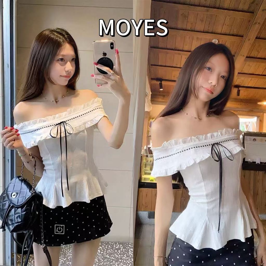 MOYES🔥พร้อมส่ง💗เสื้อยืดแขนสั้นคอวีสไตล์ฝรั่งเศสสำหรับผู้หญิงในช่วงฤดูร้อนที่ขายดีใหม่ ผลิตจากผ้าฝ้ายแท้ ดีไซน์เพรียวบาง