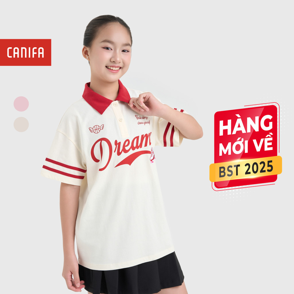 CANIFA เสื้อโปโลเด็กผู้หญิงพิมพ์ลายคอปกและแขน 1TP25C001