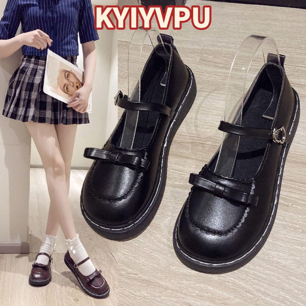 KYIYVPU Flats Shoes, Leather Round Toe Mary Janes Shoes, Bow Lolita Shoes Women