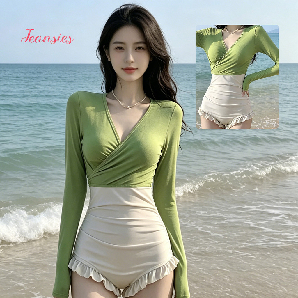 ชุดว่ายน้ำวันพีชแขนยาวสีเขียว ทรงบอดี้สูทเก็บสัดส่วน ใส่แล้วดูผอม