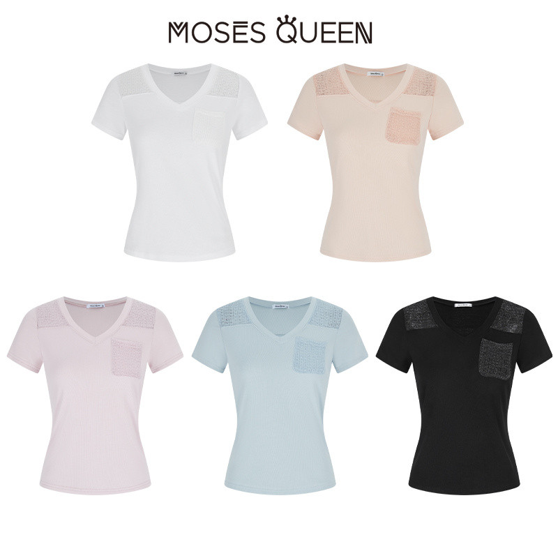 MOSESQUEEN تيشيرت نسائي بياقة V باتشوورك — صورة 8