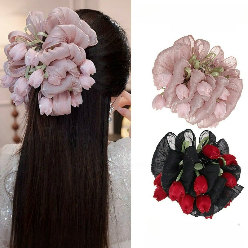 กิ๊บติดผมหางม้าทิวลิปหรูหราแฟชั่นซาตินจีบฉลามคลิปเครื่องประดับผมสําหรับผู้หญิง
