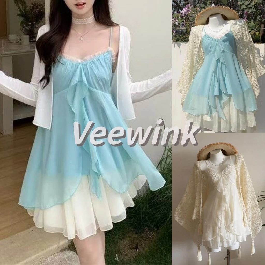 Veewink เซ็ท2ชิ้นชีฟอง เสื้อเกาะอกครอป กระโปรงชีฟอง หวานสไตล์นางฟ้า เนื้อผ้าพลิ้วไหว ใส่แล้วเรียว ลดน้ำหนัก
