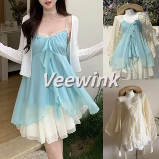 Veewink เซ็ท2ชิ้นชีฟอง เสื้อเกาะอกครอป กระโปรงชีฟอง หวานสไตล์นางฟ้า เนื้อผ้าพลิ้วไหว ใส่แล้วเรียว ลดน้ำหนัก