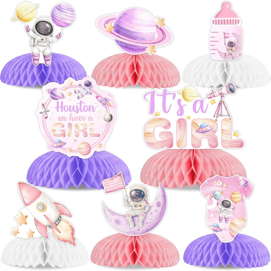 Sursurprise 8 ชิ้น Space Themed Honeycomb Centerpieces สําหรับหญิง Space Baby Shower ตกแต่ง, Houston