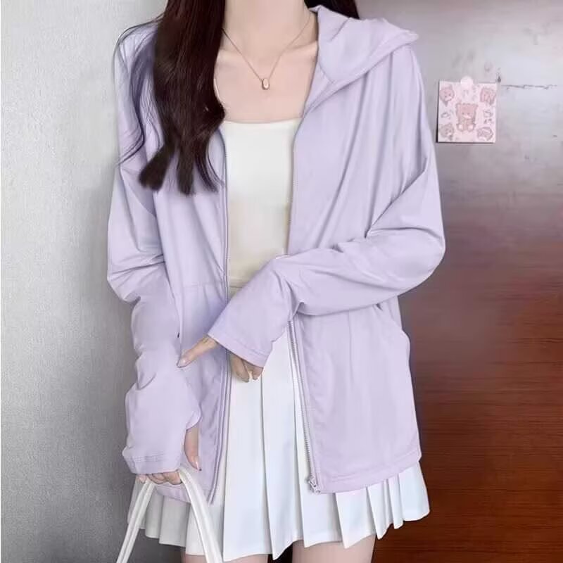 เสื้อป้องกันแดดสีม่วงลายเส้นเยือกเย็น แบบผู้หญิง รูปทรงหลวมสบาย แนวคลาสสิก，สามารถเลือกได้ 9 สี，S-2XL