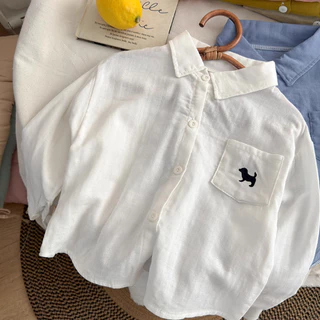 🌞【ส่งจากกทม】เสื้อเชิ้ตเด็กผู้ชาย แขนยาว สีขาว ผ้าฝ้าย ปักลายสุนัข คอปก แฟชั่น ใส่ทุกวัน 3-8ปี