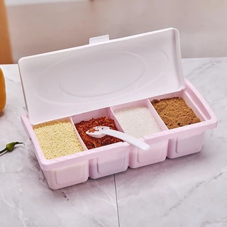 COZII 4 ช่องพร้อมฐานและช้อนกล่องอะคริลิคใสภาชนะปรุงรสในครัวเรือนเกลือกล่องเครื่องปรุงรสใส