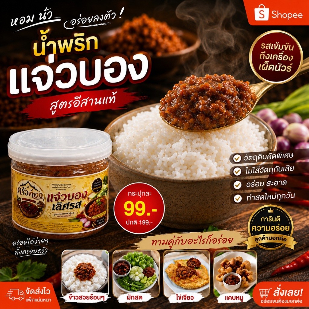 น้ำพริกแจ่วบองเลิศรส ตราครัวทอง หอมอร่อยทำจากใจ สด สะอาดผ่านมาตรฐาน อย. ไม่ใส่สารกันเสีย