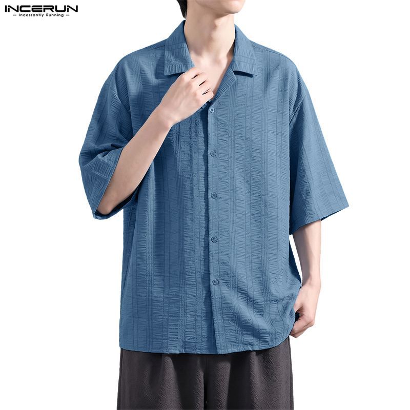 INCERUN ผู้ชายเกาหลี Minimalist Turn-Down-Collar 3/4 Sleeve Button Up Texture เสื้อหลวมธรรมดา