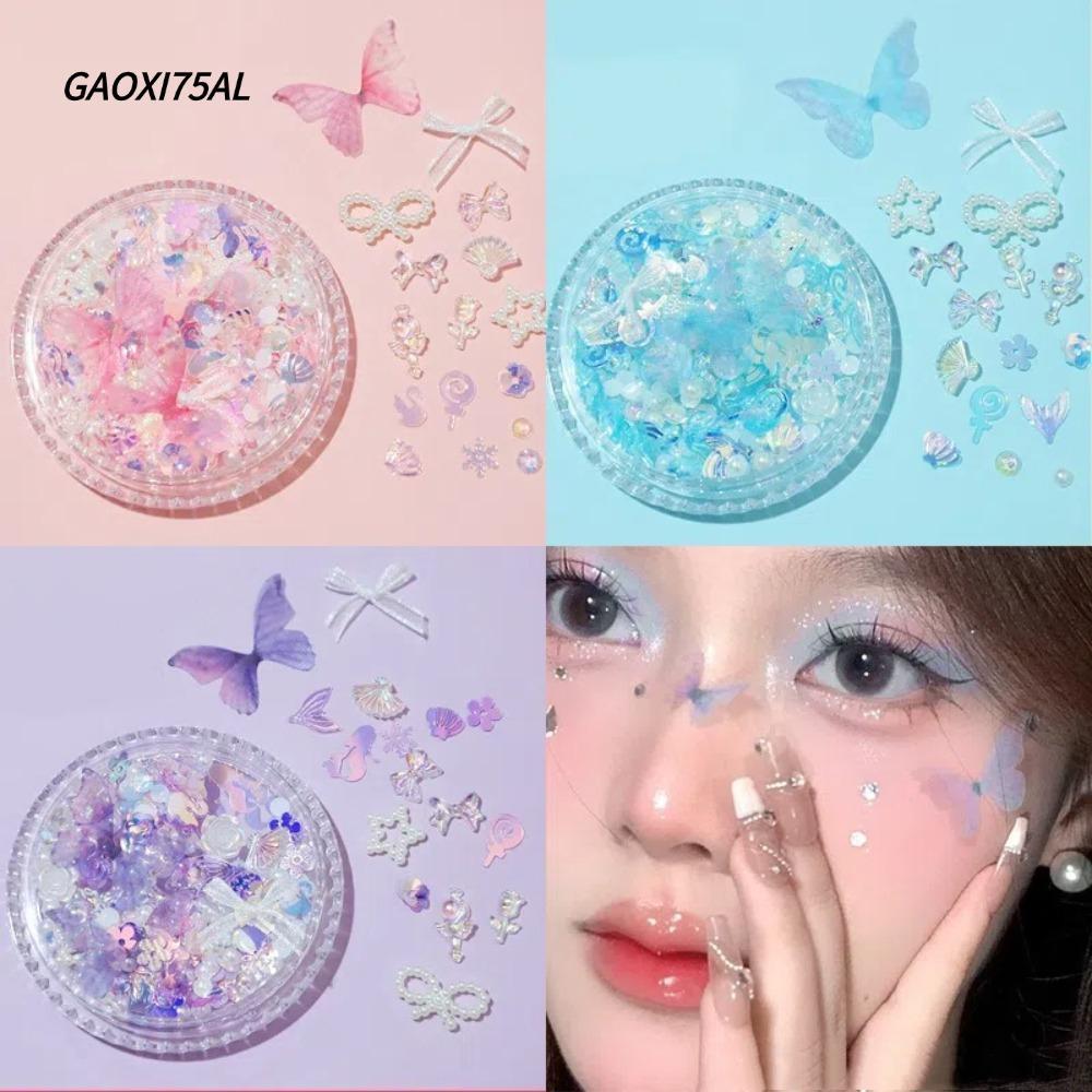 GAOXI75AL สติกเกอร์แต่งหน้า, แพทช์แต่งหน้าเจ้าสาวเพชรผีเสื้อ, ไข่มุกสีสันสดใส DIY ตกแต่งใบสติกเกอร์ตาสําหรับใบหน้า