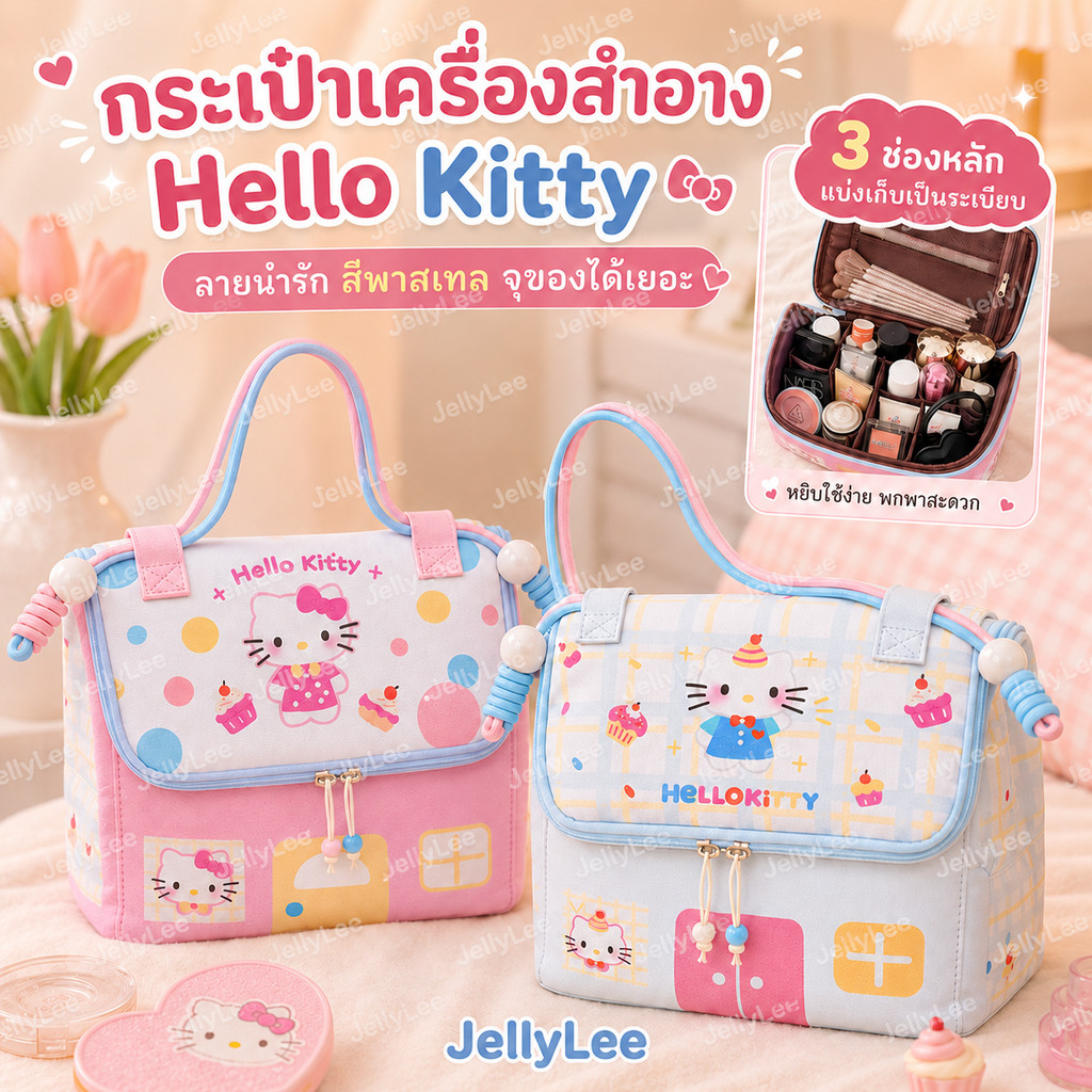 🎀 กระเป๋าเครื่องสำอางลายคิตตี้ 🎀 สีสันน่ารัก ความจุใหญ่ แบ่งช่องเก็บของ กันน้ำ พกพาง่าย สำหรับเดินทางและใช้งานประจำวัน