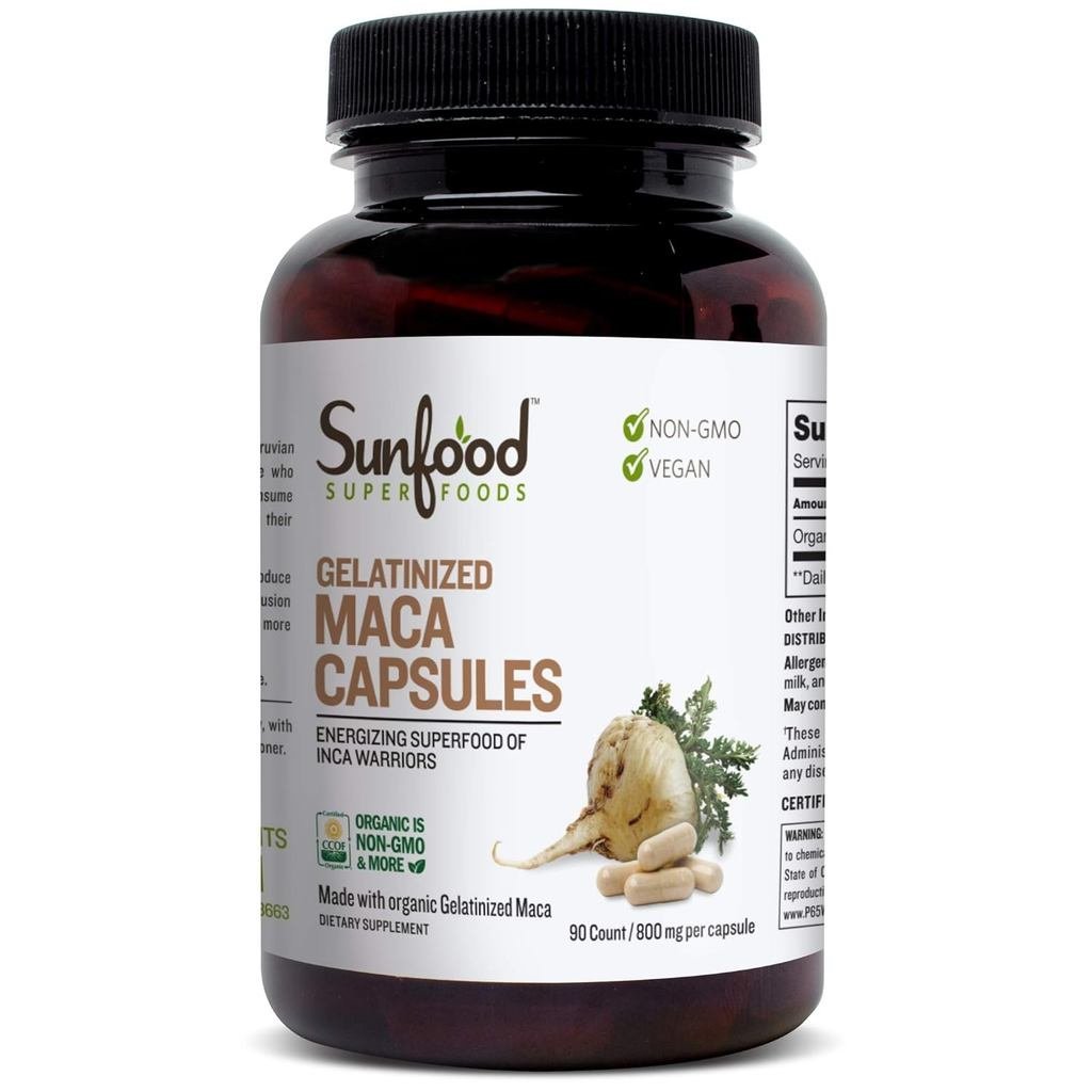 Sunfood Superfoods Gelatinized Maca Capsules - Maca Root Capsules for Women & Men, อาหารเสริม, เม็ดผ
