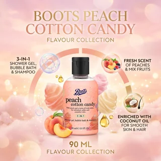 Boots Flavour Peach Cotton Candy Shower Gel Bubble Bath & Shampoo Mini 90Ml บู๊ทส์ เฟเวอร์ เจล บับเบิ้ล บาธ แอนด์ แชมพู
