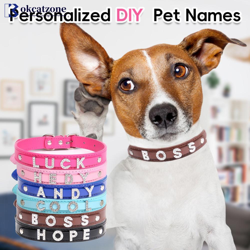 OKCATZONE DIY สัตว์เลี้ยง PU หนังชื่อสร้อยคอปรับแมวสุนัขคอเพชร Charms ปรับแต่งตกแต่งชุดเดิน M9U3