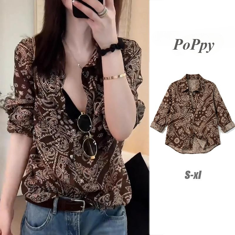 PoPpy เสื้อเชิ้ตแขนยาวพิมพ์ลายสำหรับผู้หญิง สไตล์ใหม่ ทรงหลวม สไตล์เรโทร#99503