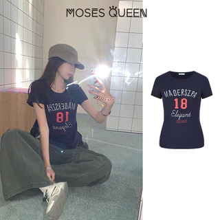 MOSESQUEEN มอสเช่ เสื้อยืดแขนสั้นพิมพ์ลายสไตล์อเมริกันสําหรับผู้หญิงฤดูร้อนเข้ารูปและสลิมมิ่งเสื้อคอกลม #63767