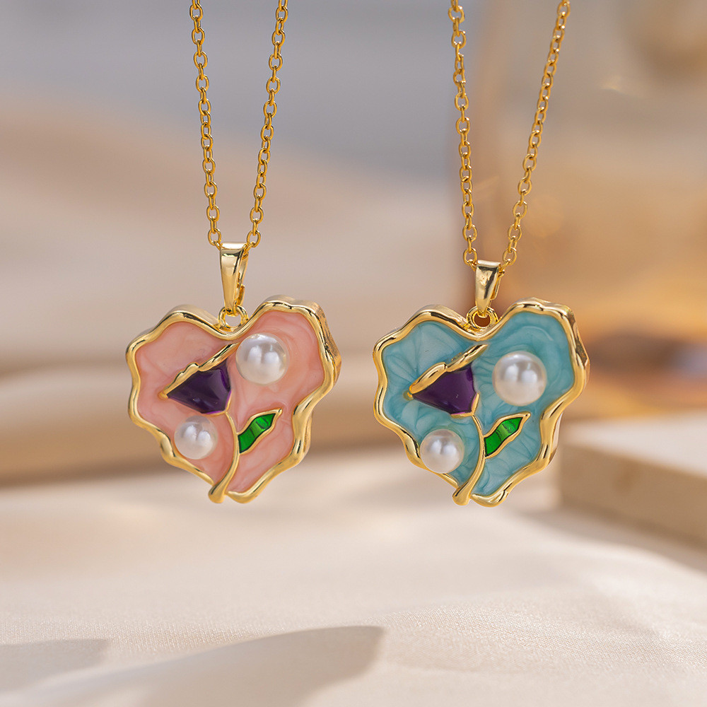 Flower Love Pearl จี้สร้อยคอหญิงทองแดง Gold-Plated Clavicle Chain All-Match High-End เครื่องประดับ