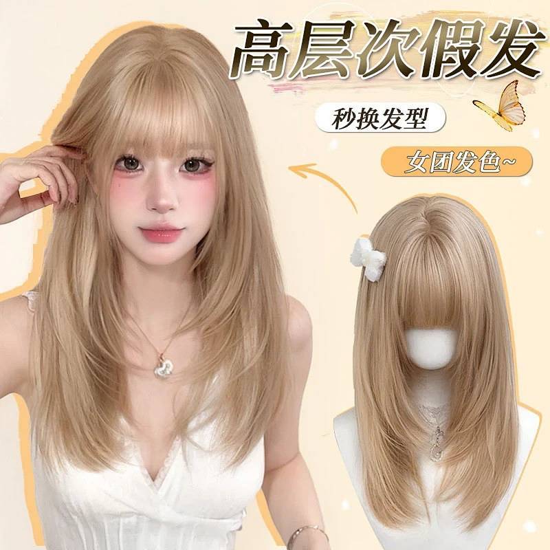 New Full-Head Wig Bangs Linen High Level Medium Long Hair New Full-Head Wig Wig Bangs Linen High Lev