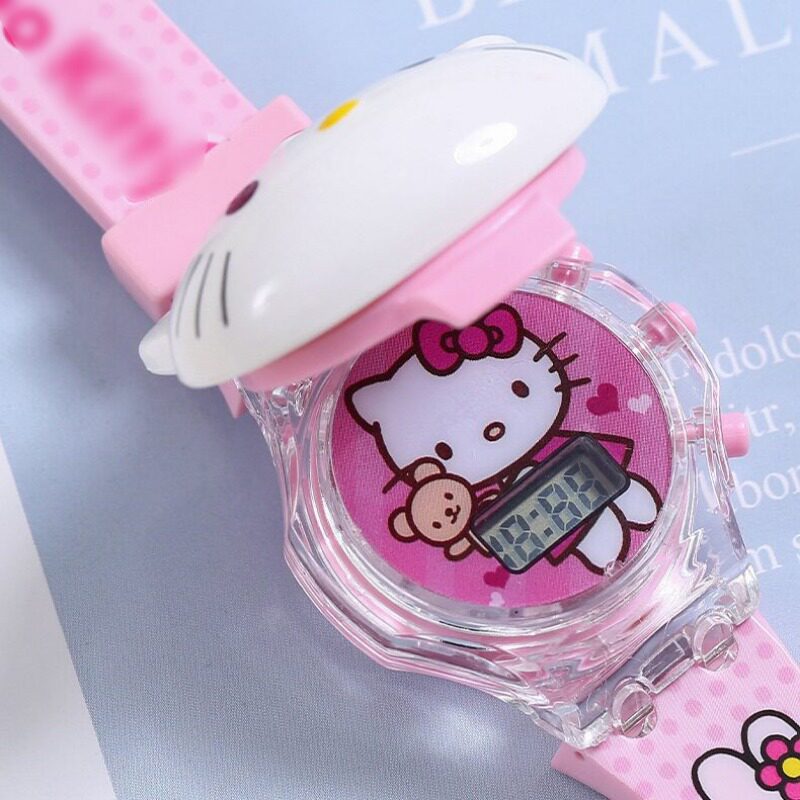 Hello kt Cat นาฬิกาอิเล็กทรอนิกส์ Luminous พร้อมเพลง keiti Cat นาฬิกาของเล่นเด็ก Pink kitty Cat Gift