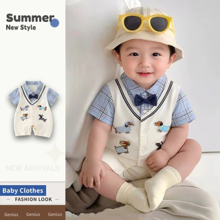ฤดูร้อนใหม่เสื้อผ้าเด็กชายและหญิงผ้าฝ้ายแขนสั้นบอดี้สูท 0-24 เดือนเด็ก สุด ๆ หล่อสุดน่ารักการ์ตูนลูกสุนัขประกบออกแบบวิทยาลัยสไตล์ ชุดรอมเปอร์