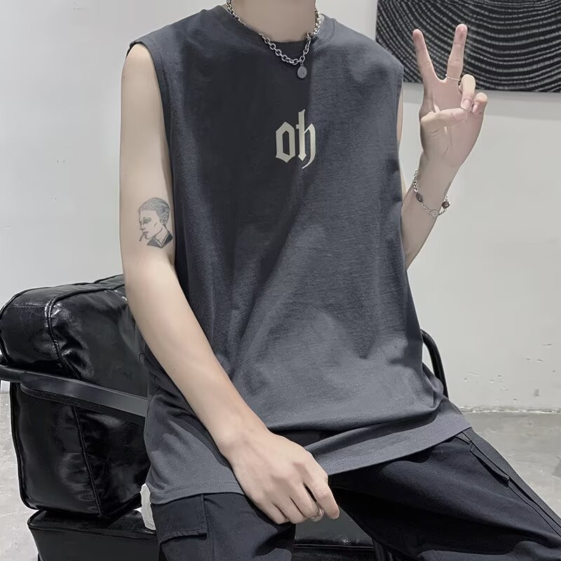 Trail Echo เสื้อกั๊กผู้ชายหลวมพิมพ์รอบคอกีฬาลําลองด้านบน