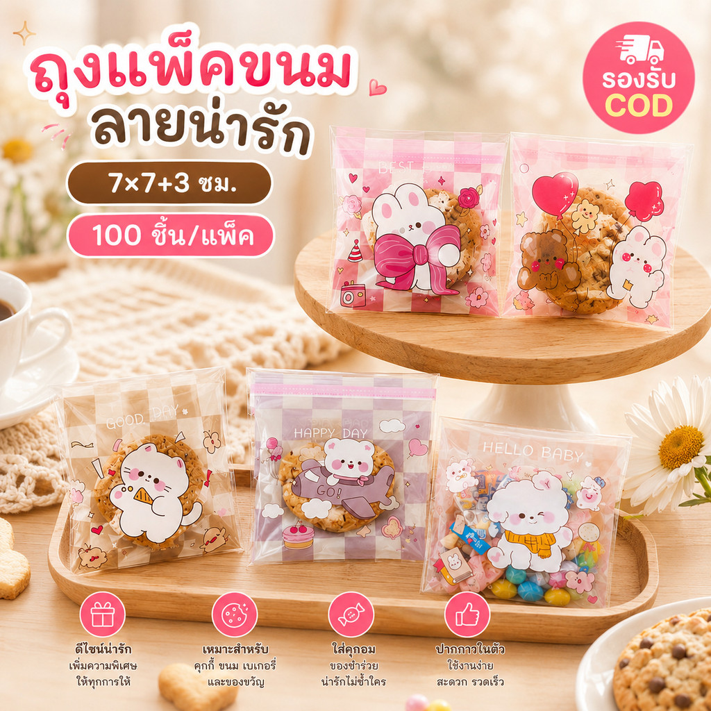 ถุงฝากาวลายน่ารัก 7×7+3 ซม. 100 ใบ/แพ็ค ถุงคุกกี้ ถุงเบเกอรี่ ถุงขนม ถุงแพ็คขนม DIY ของชำร่วย