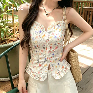 (New Arrival) Lovito เสื้อลายโบฮีเมียน แต่งขอบผักกาดหอม กระดุม สไตล์ฤดูใบไม้ผลิ/ฤดูร้อนสําหรับผู้หญิง วันหยุด เกาหลี อินเทรนด์ TKB200TD242