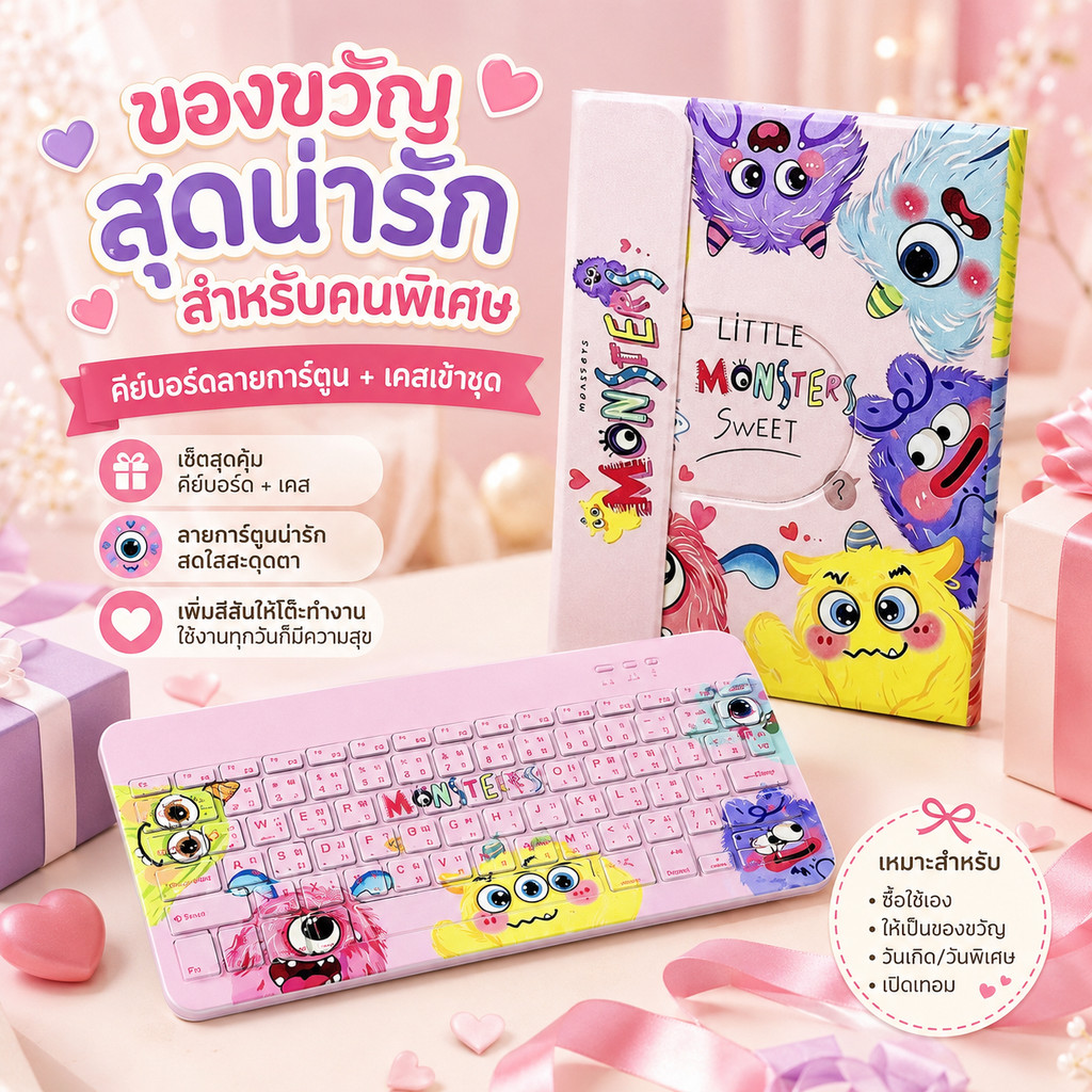 【เคส Samsung+คีย์บอร์ดไทย】ชุดคีย์บอร์ดและเคสลายการ์ตูน Bluetooth 5.0 ถอดได้ รองรับ S9 S10 S7 S8 A9 A