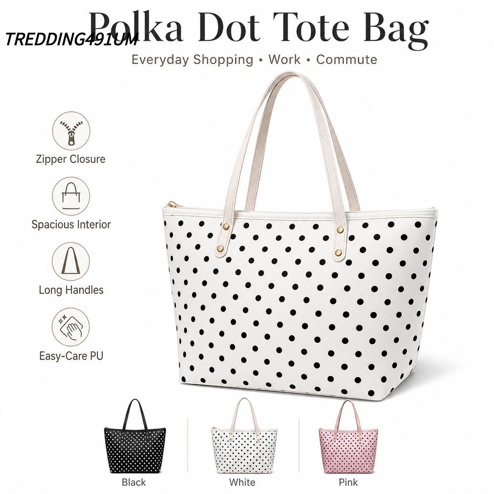 TREDDING491UM Polka Dot Tote Bag, Polka Dot Long Handles Shoulder Tote Bag, Fashion Zipper Closed Sp