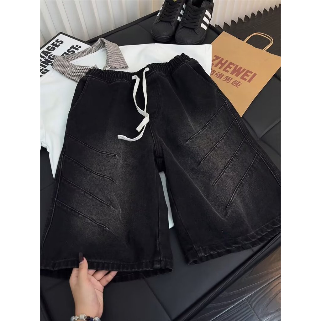 BOYUE BOYUE American vibe Drawstring Denim Shorts Youth Casual Washed Simple Fashion Five-point Pant