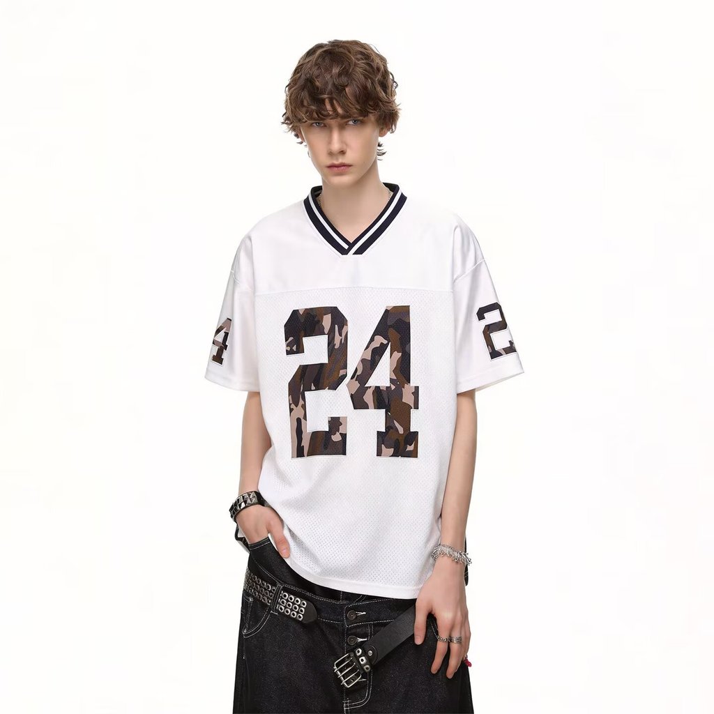 NFL American Rugby Super Bowl Raiders เสื้อยืดแขนสั้นอเมริกันกีฬาหลวมปักพิมพ์ V คอตาข่าย Jersey