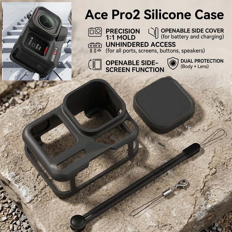 ปลอกซิลิโคนกล้องแอ็กชัน ชุดเคสกล้องพร้อมอุปกรณ์ สำหรับ Insta360 Ace Pro 2 มีฝาเลนส์ สายข้อมือกับสายสั้น