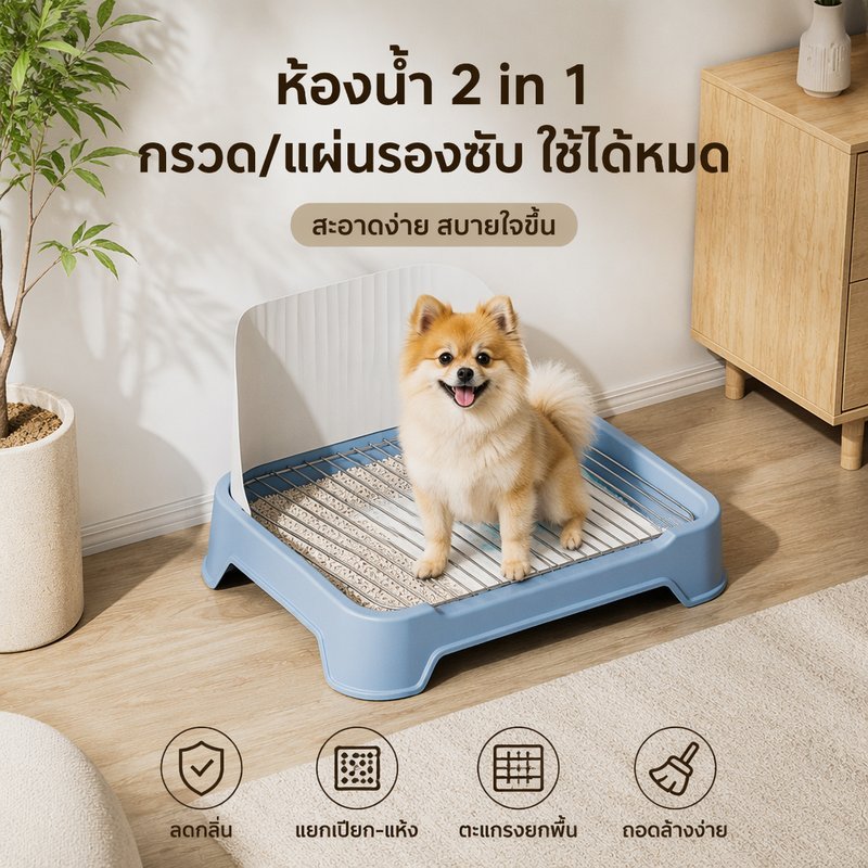 ห้องน้ำหมา ถาดฉี่สุนัข ขนาดใหญ่ ถาดฝึกฉี่สุนัข 2 ชั้น ป้องกันกลิ่น พร้อมเสา ตะแกรงเหล็ก ขอบสูง