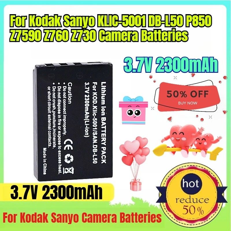 3.7V 2300mAh สําหรับ Kodak Sanyo KLIC-5001 DB-L50 P850 Z7590 Z760 Z730 แบตเตอรี่กล้อง