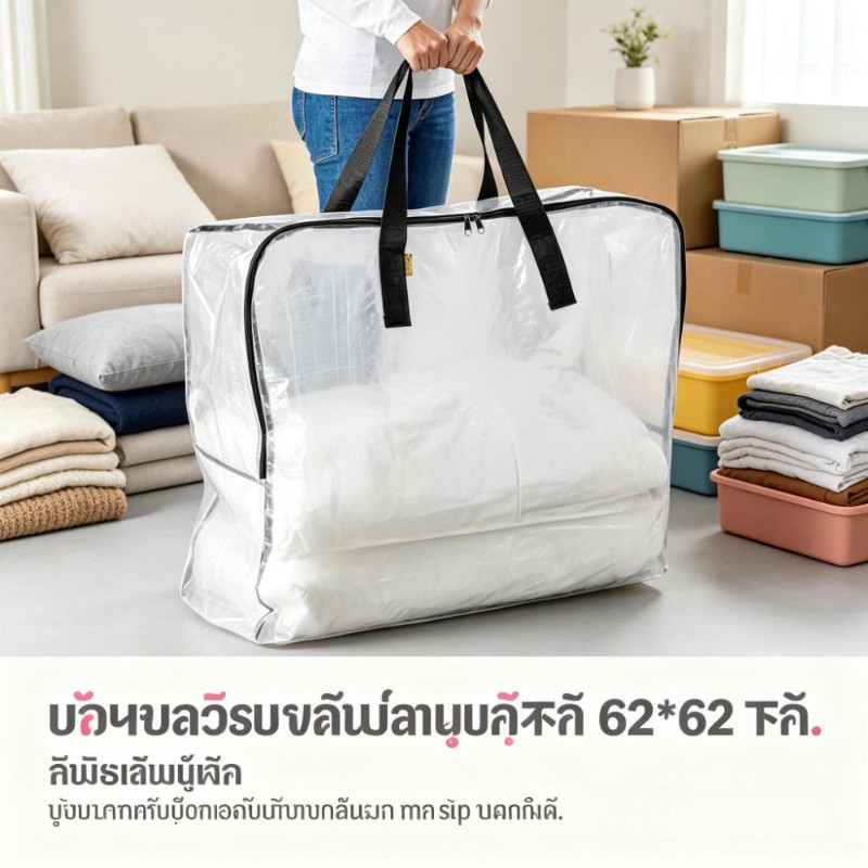 กระเป๋าแบบใสขนาดใหญ่ ย้ายบ้าน 65*65*22ซม.มีซิป กันน้ำ ถุงกระสอบใส่เสื้อผ้า