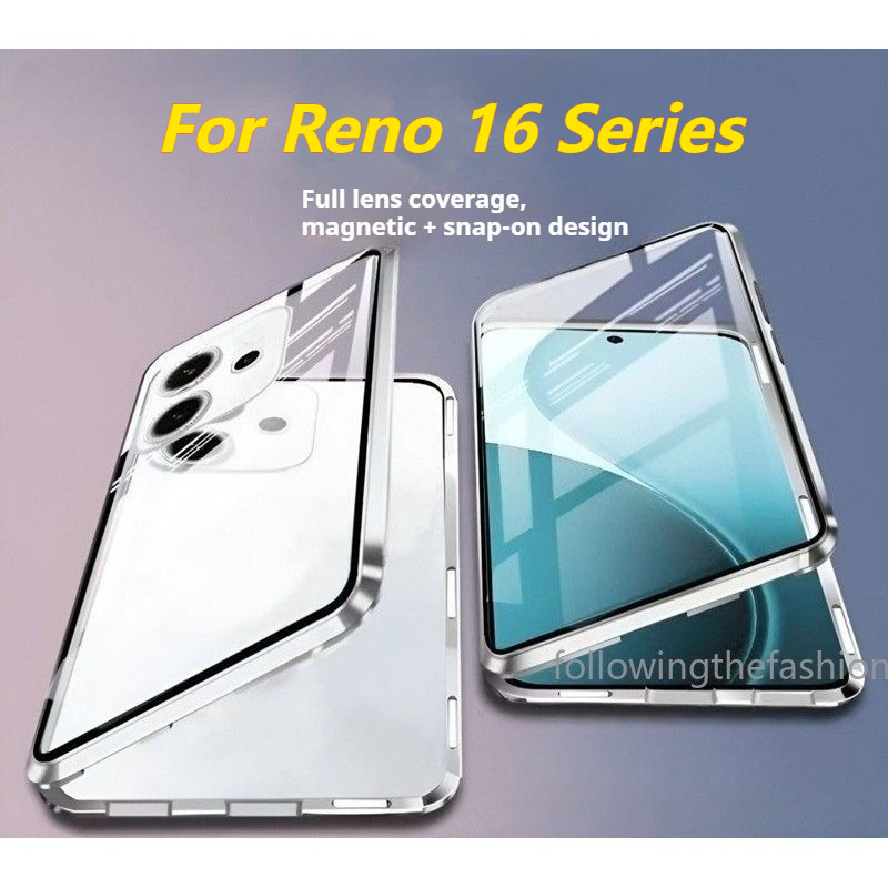 ปลอกสําหรับ OPPO Reno 16 5G 2026 Oppo Reno16 Reno15 Pro 4G 5G เคสโทรศัพท์ 360° โลหะแม่เหล็กกันกระแทกเต็มรอบทิศทาง ความละเอียดสูง กระจกเหนียวกล้องเลนส์ป้องกันพลิกล็อคปก