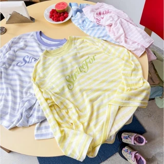 PRETTY BABY เสื้อแขนยาวเด็ก เสื้อยืดตอกลม ทรงโอเวอร์ไซส์ ลายขวาง (2337)