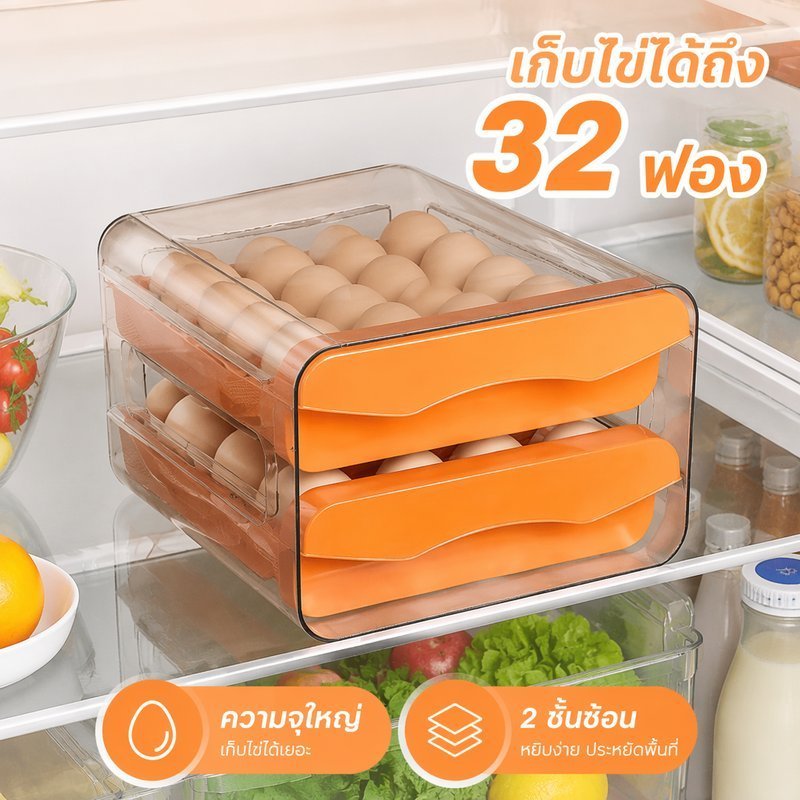 กล่องเก็บไข่ลิ้นชักสองชั้นตู้เย็นออแกไนเซอร์กันฝุ่นความจุขนาดใหญ่32ไข่