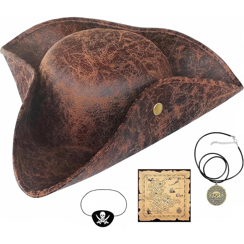 Meirrnyyu 4 ชิ้นหมวกโจรสลัด Costome ชุดตกแต่ง Eye Patch, สร้อยคอ, แผนที่สมบัติ, หมวก Tricorn ความแปล