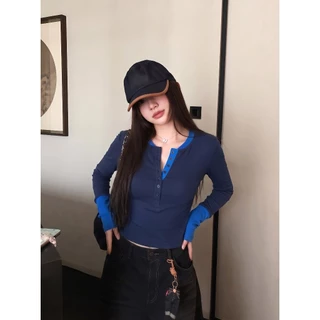 B&R พร้อมส่ง เสื้อยืดแขนยาวแบบสีตัดกัน เสื้อเบสิกใส่ซ้อน ทรงสั้นเข้ารูป ผอมตัว ปลอกคอของเฮนรี่ สไตล์เกาหลี