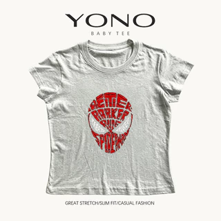 (พร้อมส่ง24ชม.) YONO baby tee สีดำ ลายหน้ากากสีแดงพร้อมข้อความกราฟิก ทรงเข้ารูป สตรีท y2k