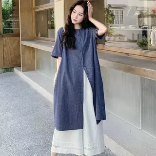 mimi-ชุด 2 ชิ้น สำหรับผู้หญิง:เดรสเชิ้ตทรงหลวมลายตารางสไตล์ญี่ปุ่นสุดอาร์ต + กางเกงขายาวทรงบานลำลอง สไตล์เกาหลี#99555+56