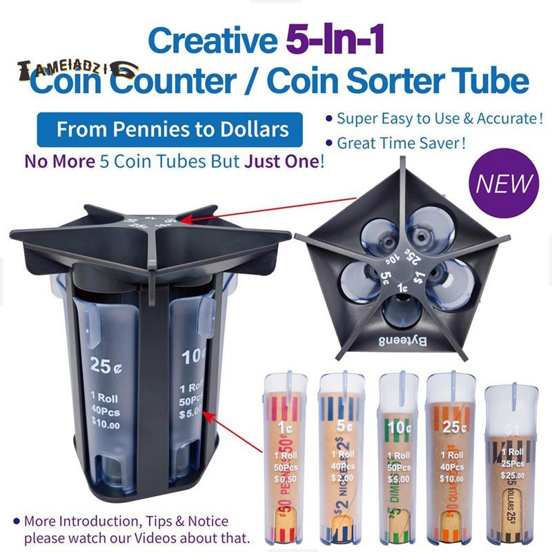 [คุณภาพ T]เหรียญเคาน์เตอร์เหรียญ Sorter Tube, 5-In-1 Change Sorter Coin Organizer, Change Counter Ma