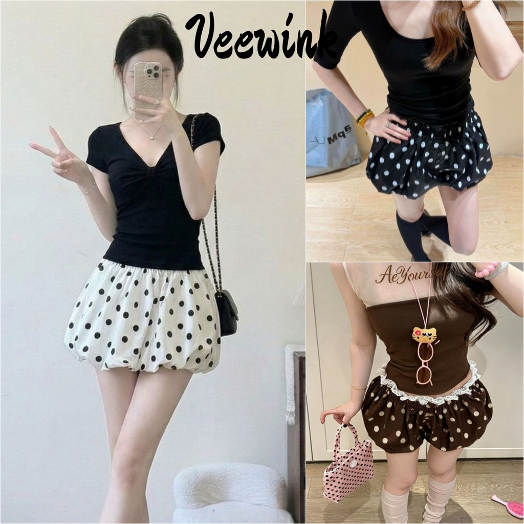 Veewink กางเกงขาสั้นเอวสูงลายจุด ขาบานลูกไม้ ทรงหลวม ใส่แล้วเรียว สวยเกาหลี แมทช์ง่าย