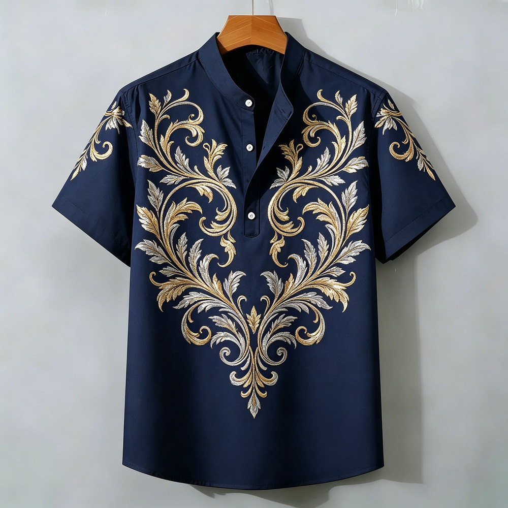 2026 ใหม่เสื้อแขนสั้นผู้ชายครึ่ง Placket Henry Collar Breathable Gold Vine พิมพ์ Street แฟชั่น Casual Top