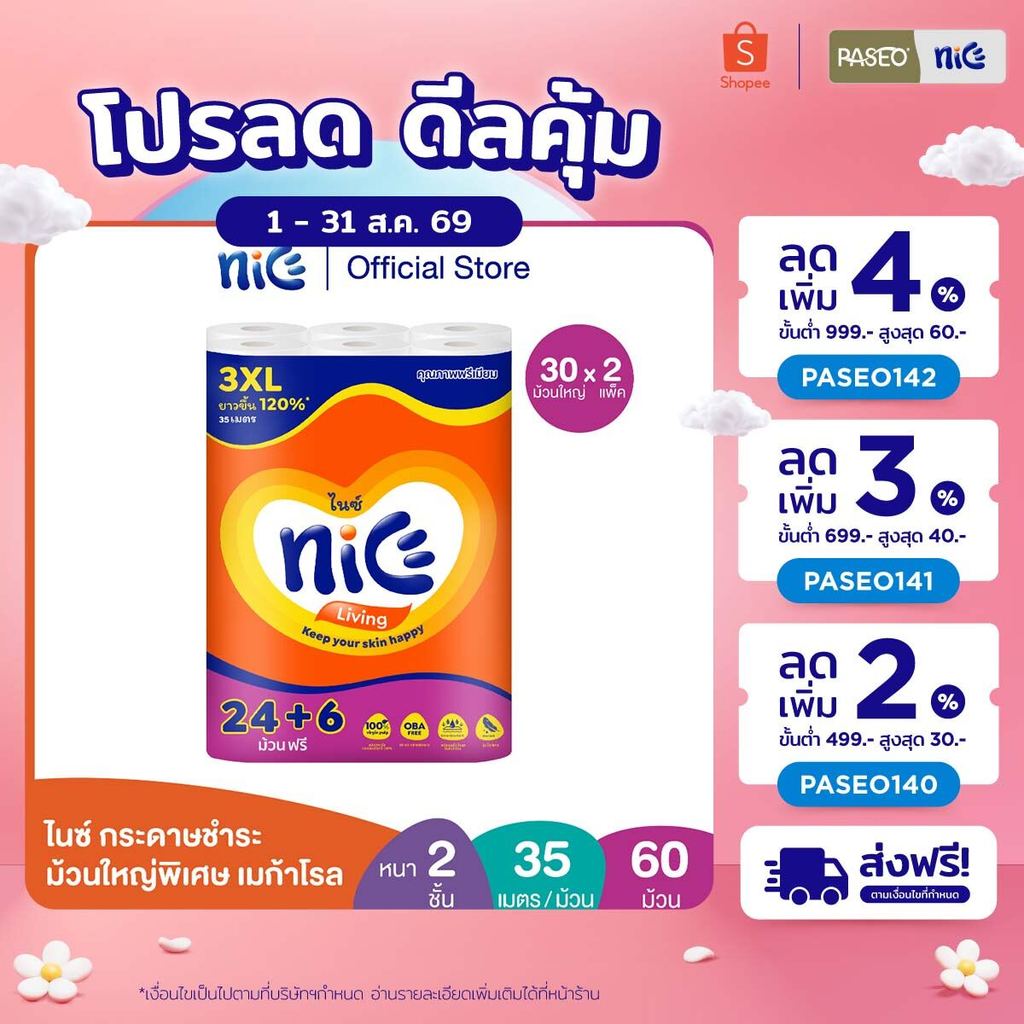 (2 แพ็ค 60 ม้วนใหญ่) Nice ไนซ์ เมก้าโรล กระดาษชำระ ม้วนใหญ่พิเศษ ขนาด 24+6 ม้วน (35ม./ม้วน) (ทิชชู่ กระดาษทิชชู่) x 2